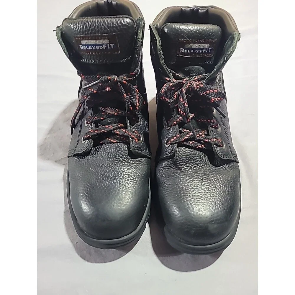 Skechers Relaxed Fit Steel Toe Black Leather Boots Men Size 9.5 Model 77009